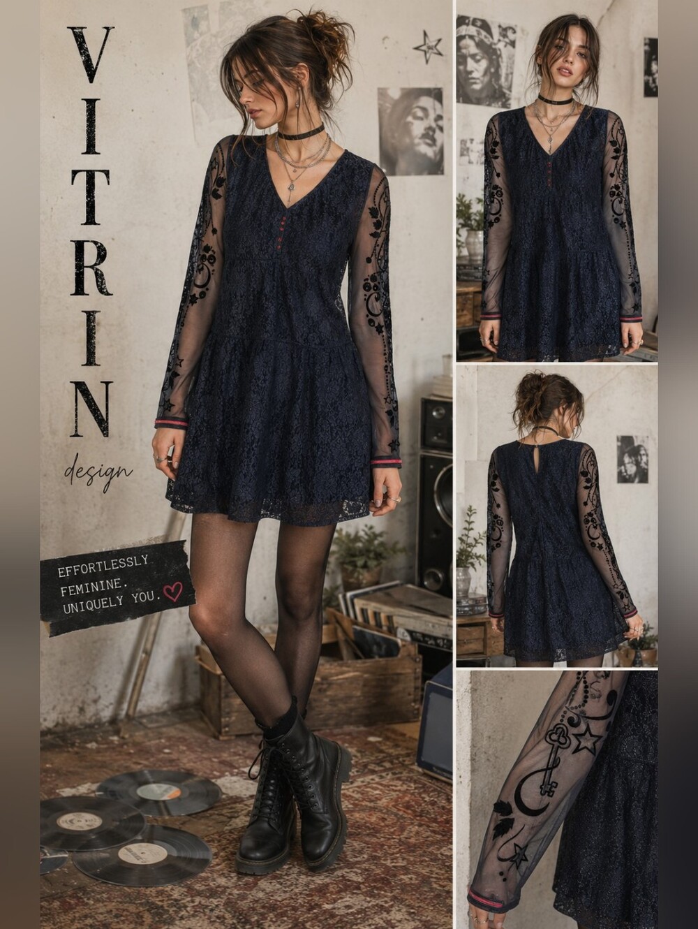 Vitrin Design Sheer Sleeve Lace Dress Small Black Gothic Boho Mesh Sleeve Dress